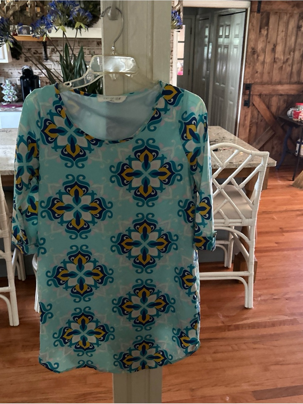 Peach Love California Aqua & Yellow Patterned Scoop Neck Tunic